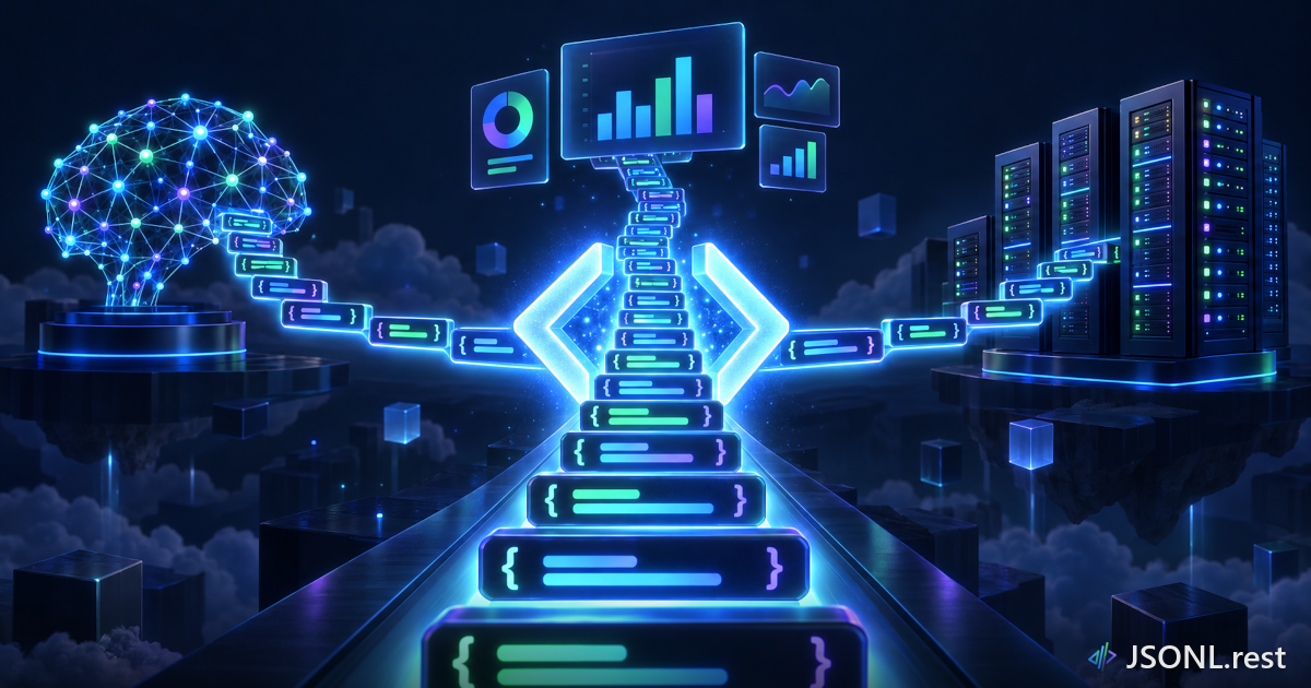 Glowing JSON Lines records streaming out of a portal and fanning out to AI, log and analytics destinations